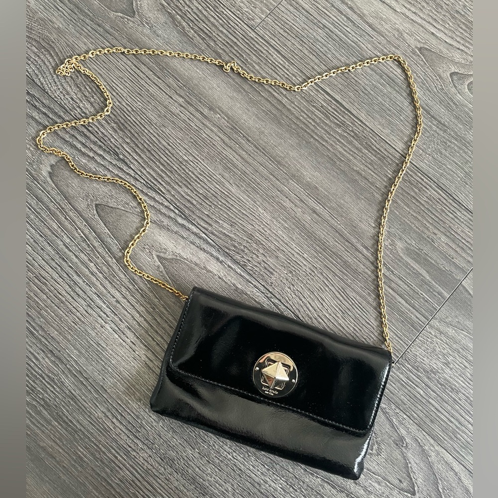 Kate Spade Black Patent Leather Clutch with Gold Chain
